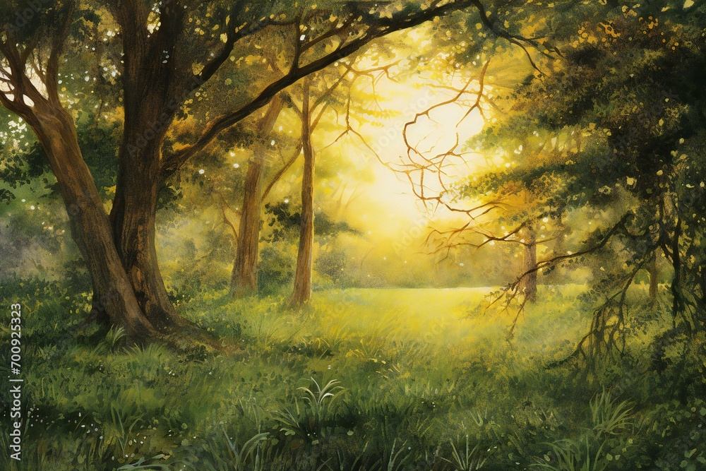 Digital painting of a forest in the morning with fog and sun rays