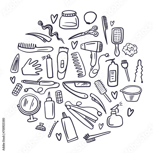 A vector circular collection of barber's working tools, hand-drawn in the style of doodles.