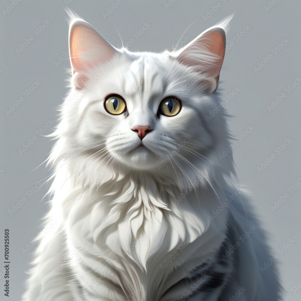 White cat with yellow eyes on gray background