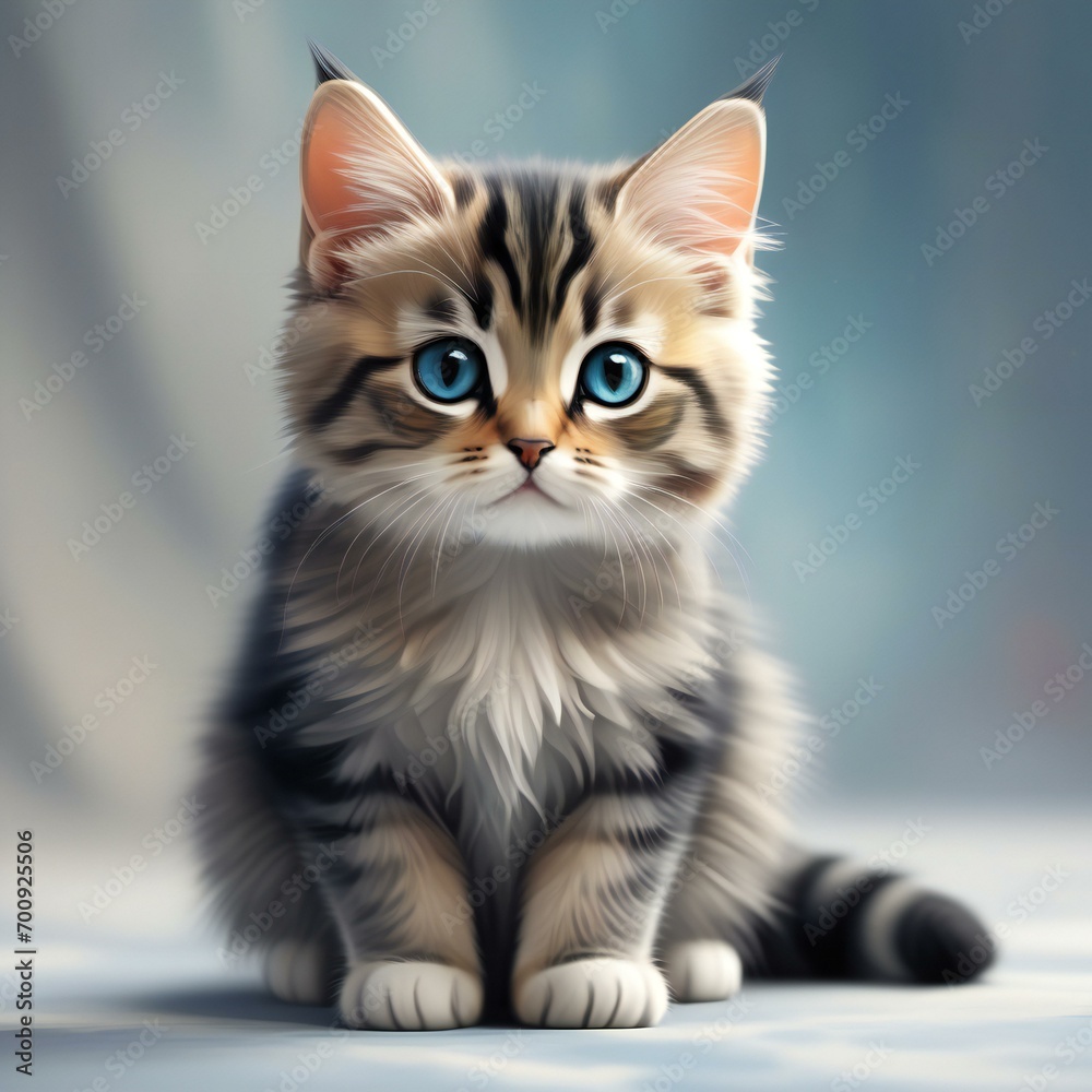 Cute Maine Coon kitten with blue eyes sitting on gray background