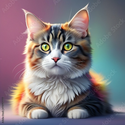 Tricolor Maine Coon cat with green eyes