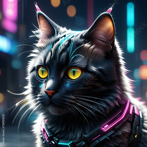 Futuristic black cat with yellow eyes in neon light