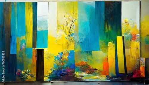 abstract painting with a mixed texture of paint coating media and organic materials with bright colors