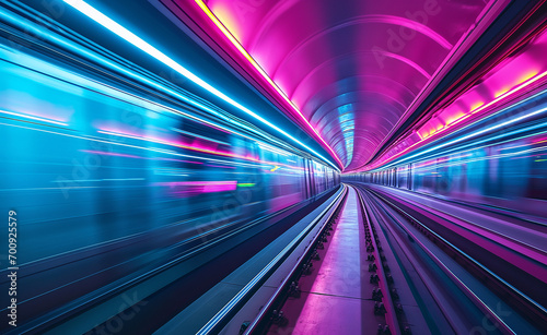 Fast underground subway train racing through the tunnels. Neon pink and blue light. © Curioso.Photography