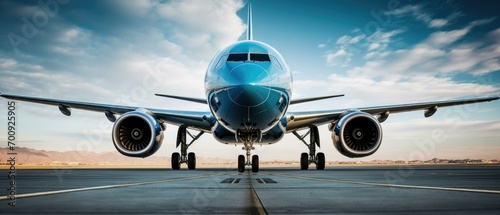 A large blue airplane sitting on the runway. Generative AI. photo