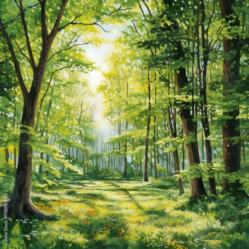 Beautiful spring forest landscape with bright sun rays   Digital painting