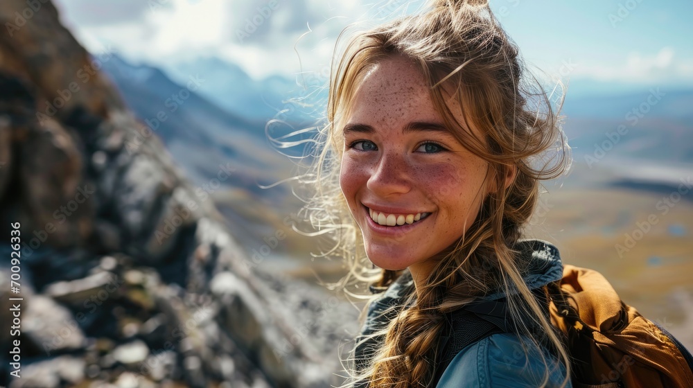beautiful Americans woman, hiker selfie on the mountain beautiful Americans woman, hiker selfie on the mountain