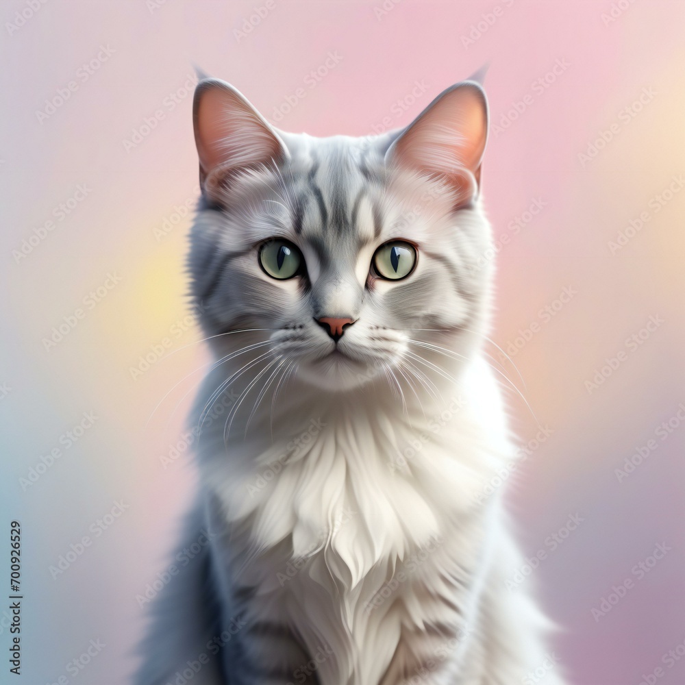 Portrait of a white cat with green eyes on a pink background