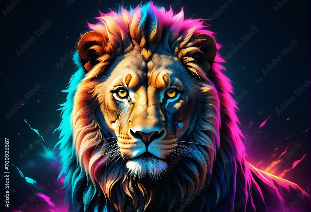 Colorful illustration with a portrait of a lion on a dark background
