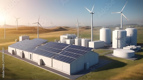 Hydrogen renewable energy production - hydrogen gas for clean electricity solar and wind turbine facility. 3d rendering. photo