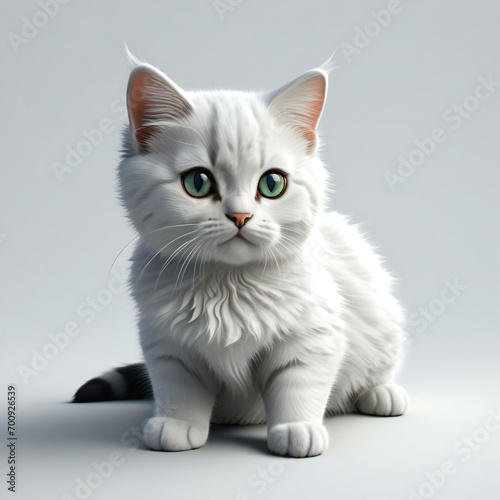White cat with green eyes on a white background