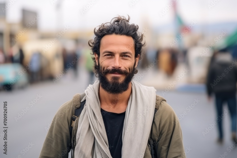 Portrait of a handsome young man with beard and mustache at the street Portrait of a handsome young man with beard and mustache at the street