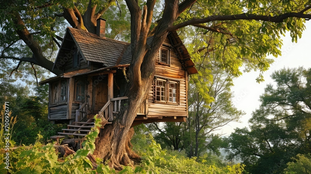 A whimsical treehouse with multiple levels, balconies, and colorful pots, nestled in a large tree A whimsical treehouse with multiple levels, balconies, and colorful pots, nestled in a large tree