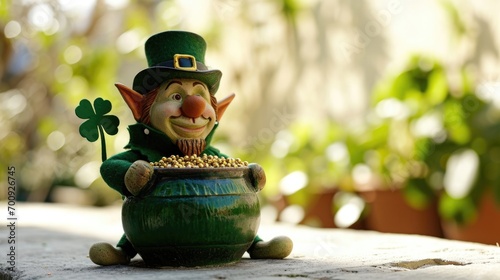 Leprechaun figurine with pot of gold outdoors.