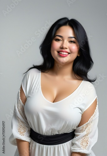 Portrait of a beautiful asian woman in white dress on gray background