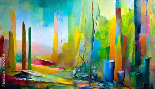 Abstract painting with a mixed texture of paint coating media and organic materials with vibrant colors