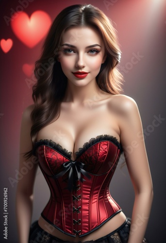 Sexy woman in red corset and stockings with red hearts