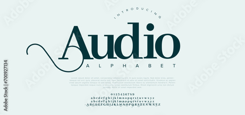 Audio premium luxury elegant alphabet letters and numbers. Elegant wedding typography classic serif font decorative vintage retro. Creative vector illustration photo