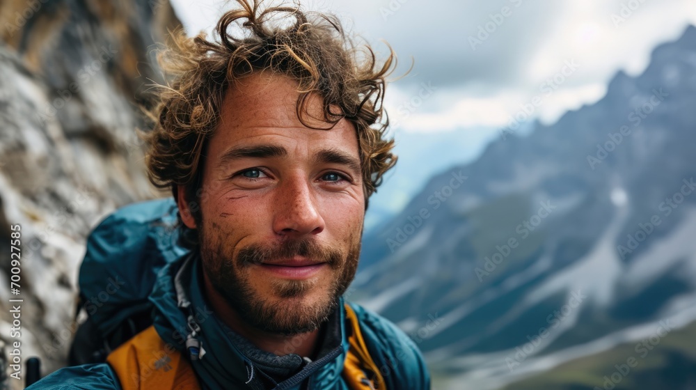 handsome man, hiker selfie on the mountain handsome man, hiker selfie on the mountain