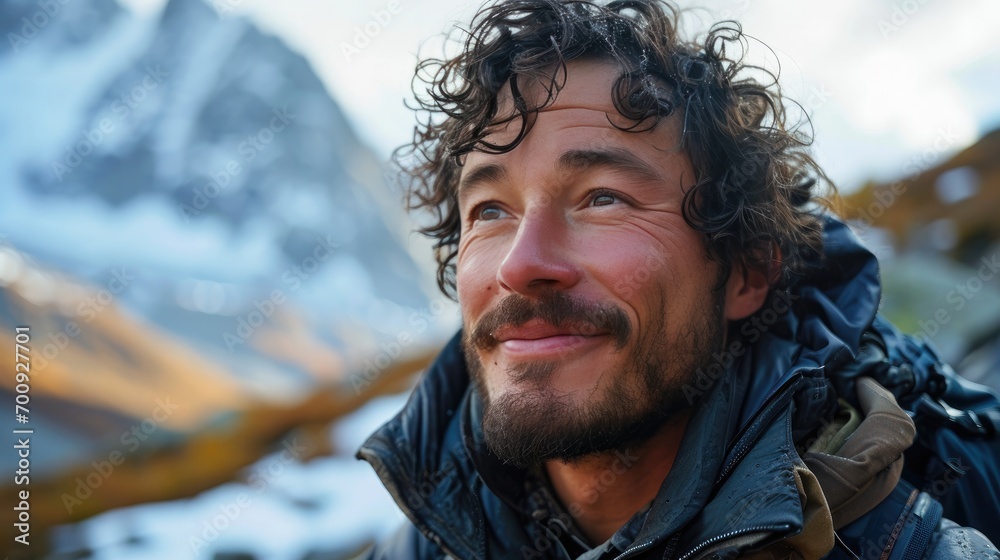 handsome man, hiker selfie on the mountain handsome man, hiker selfie on the mountain
