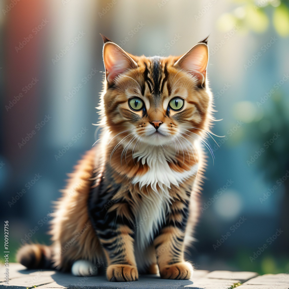 Siberian cat sitting on the street,  Portrait of a Maine Coon cat