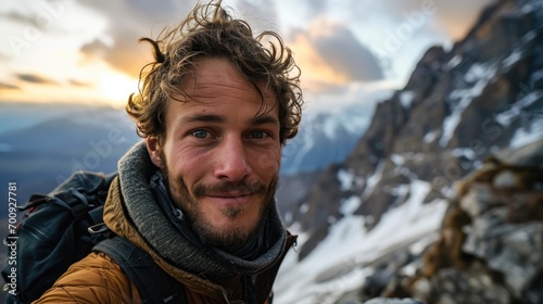 handsome man, hiker selfie on the mountain © hakule