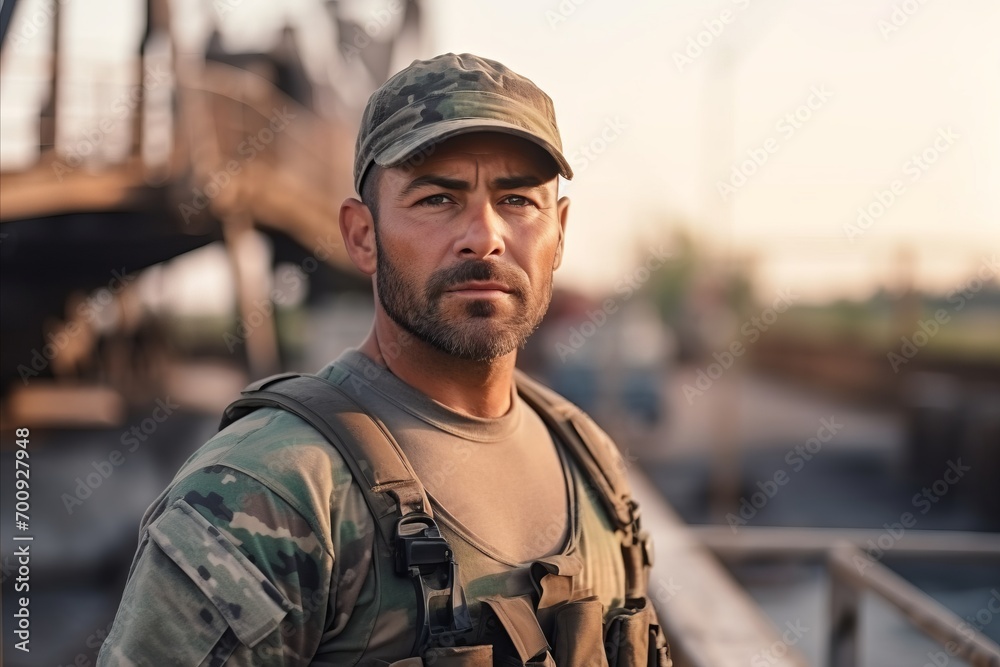 Portrait of a serious soldier standing in front of a bridge. Portrait of a serious soldier standing in front of a bridge.