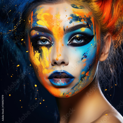 Beauty portrait of a Beautiful girl in orange and blue makeup with drops of paint and colors all around her. Make up transformation concept 