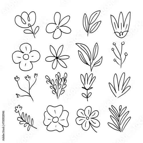 Fototapeta Naklejka Na Ścianę i Meble -  Simple linear flowers on stems isolated on white. Hand drawn vector botanical illustrations