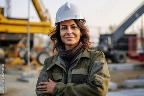 Portrait of a smiling female construction worker standing with arms crossed outdoors