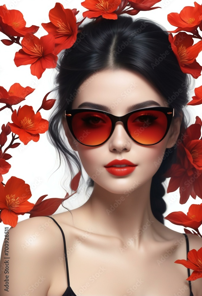 Portrait of beautiful young woman with red flowers in hair and sunglasses