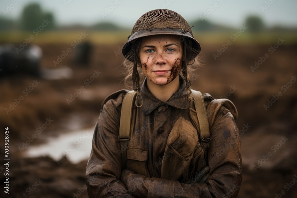 Portrait of a woman in a military uniform in the field.