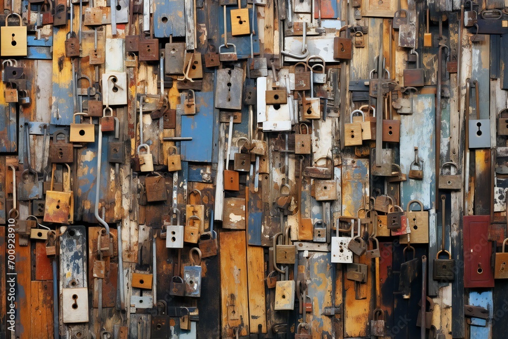 Old rusty padlocks hanging on the wall of a large warehouse