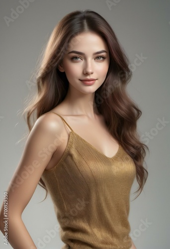 Beautiful woman with long brown hair, Portrait of a beautiful girl with natural make-up