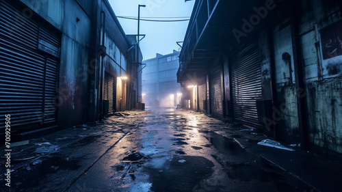 In the heart of the neon-lit cyberpunk city, a gritty back alley emerges, illuminated by flickering streetlights photo