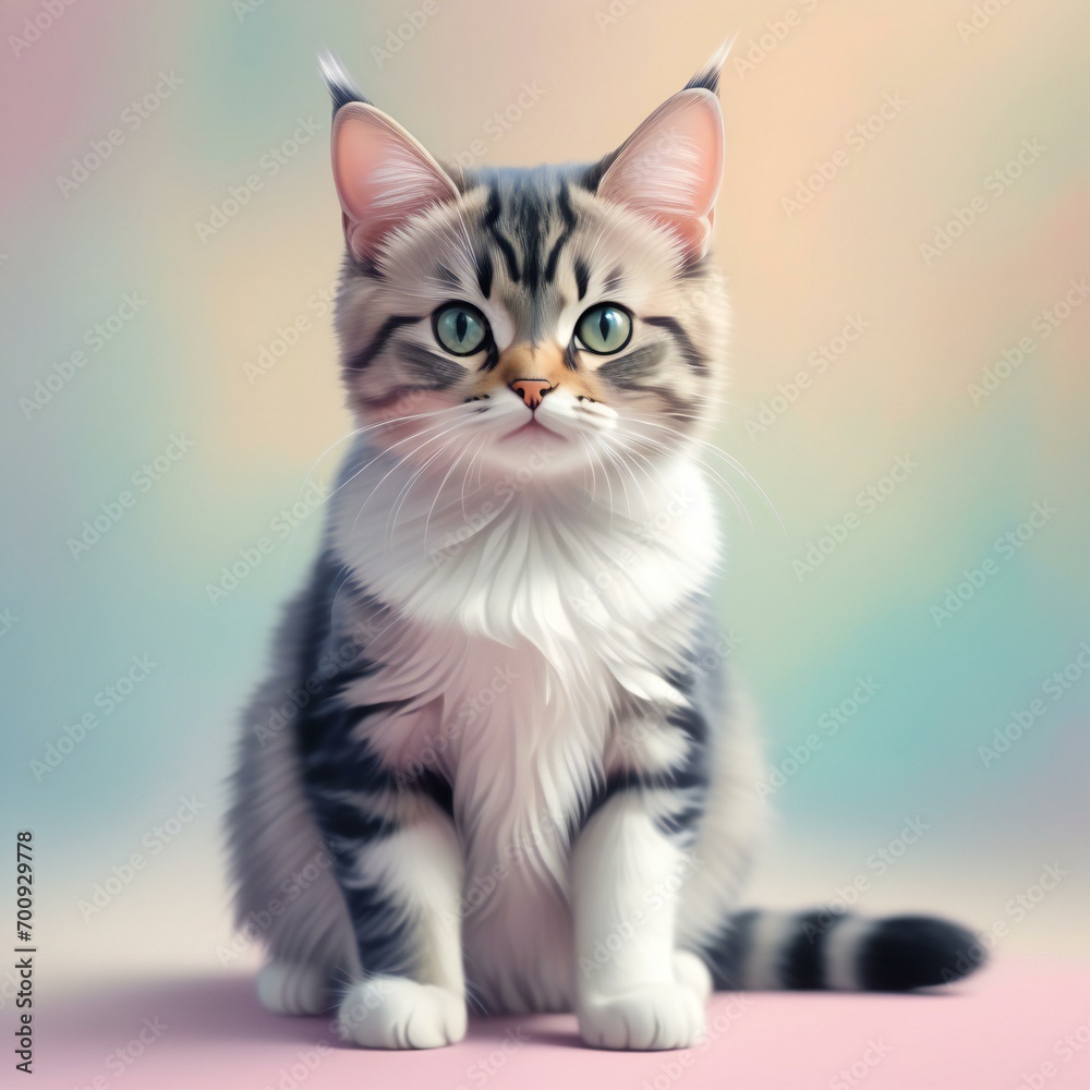 Siberian kitten sitting and looking at camera on pastel background