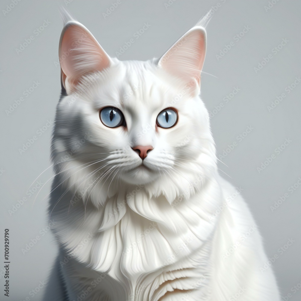 Portrait of a white cat with blue eyes on a gray background