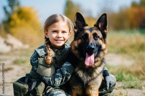 Little girl with dog in military uniform sitting on the ground and smiling