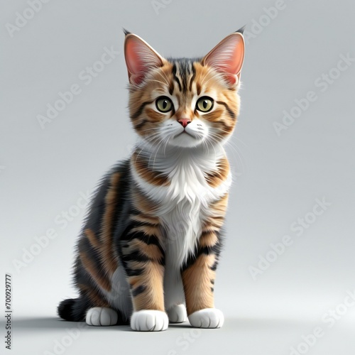 Tricolor cat sitting on gray background