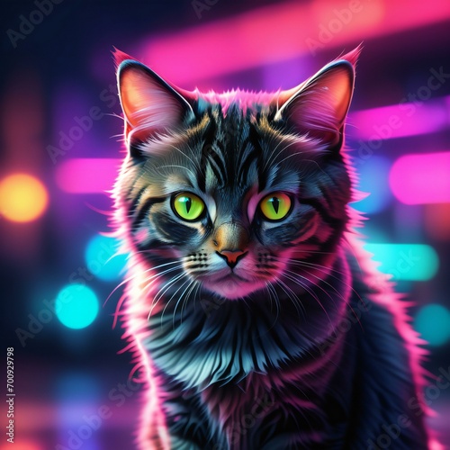 Cat with bright green eyes on background of neon lights