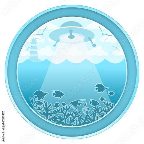 UFO hovers over blue ocean, coral reefs and fish underwater. Lighthouse, seagulls flying in the sky. Science fiction concept, bright mood, framed in blue round frame.