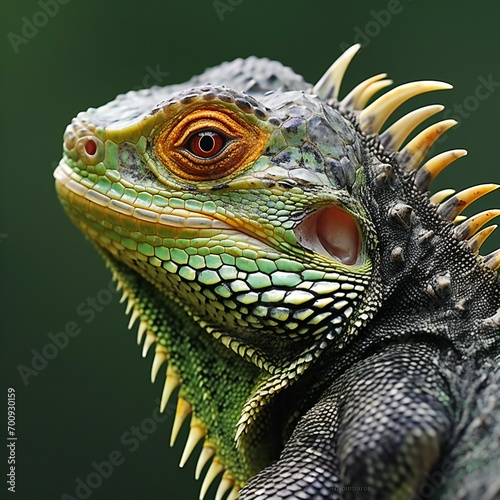 Close-up portrait of a green iguana on a green background