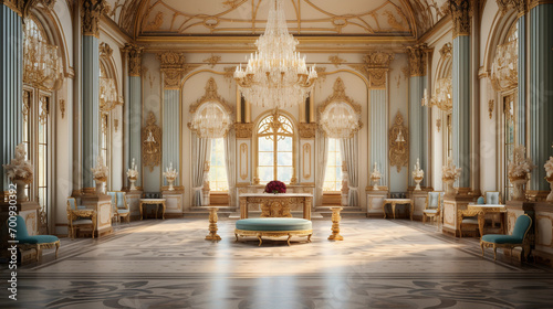 A classic extravagant European style palace room with gold decorations. wide format,  photo