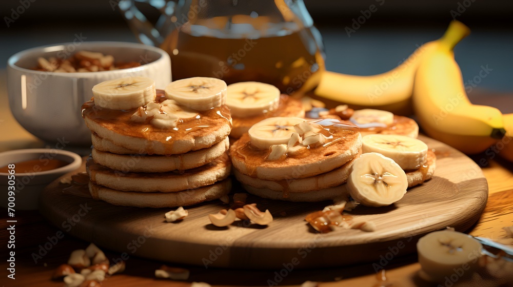Pancakes with banana and honey on a wooden table, close-up