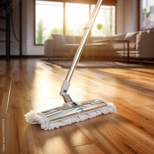 Cleaning wooden floor with mop. Household chores concept.