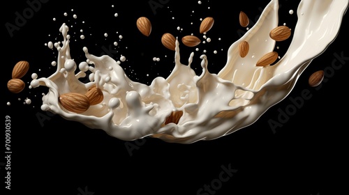 Milk splash with almonds isolated on a black background. 3d rendering