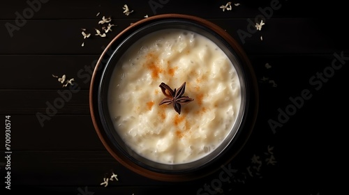 Rice porridge with cinnamon in a bowl on a black background photo