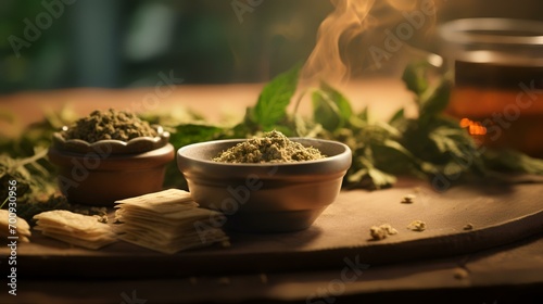Bowls with cannabis powder on a wooden table in a restaurant