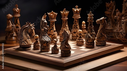 International Chess Day 20 July, Closeup of chess board depicted as intricate art sculptures, showcasing the beauty and craftsmanship of each piece in a visually stunning composition neon background photo