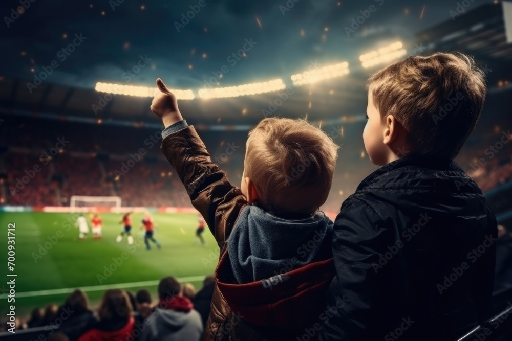 Fototapeta premium fans children in the stands raised their hands, watching a football game, view from the back